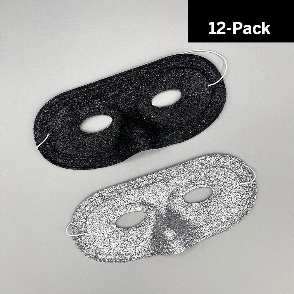 Mardi Gras Black and/or Silver Glitter Half Masks – 12 Pack